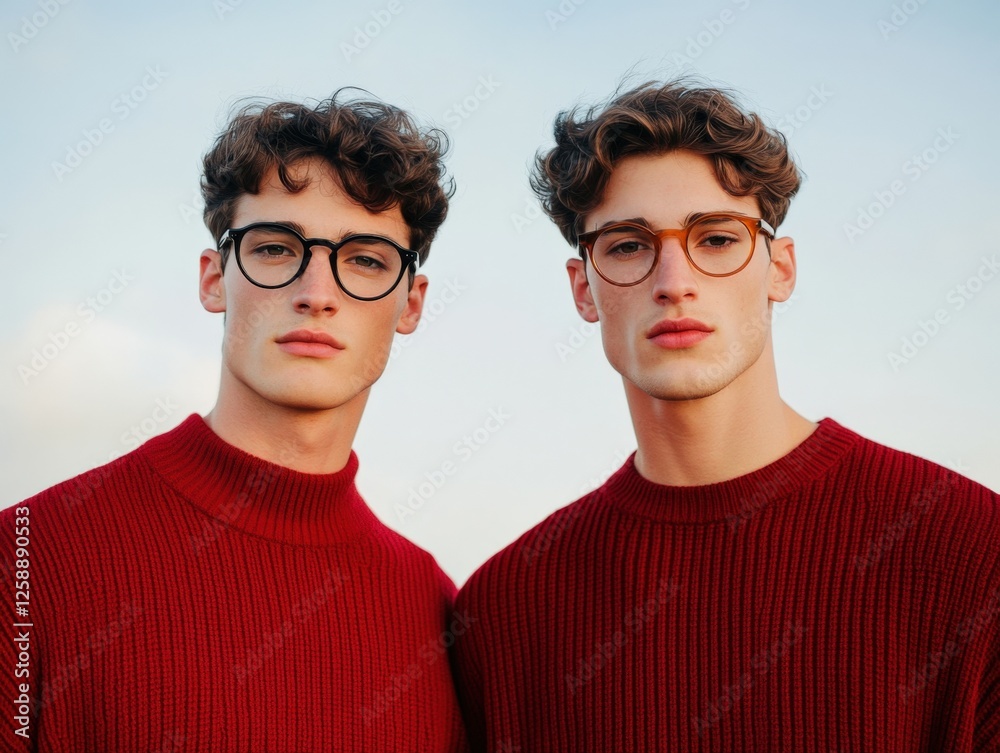 Two men wearing glasses and red sweaters Two men wearing glasses and red sweaters