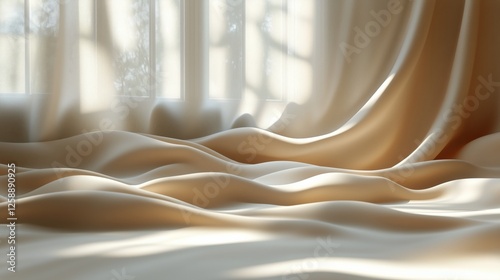 Soft silk fabric draped elegantly over a bed in natural light during the afte...
