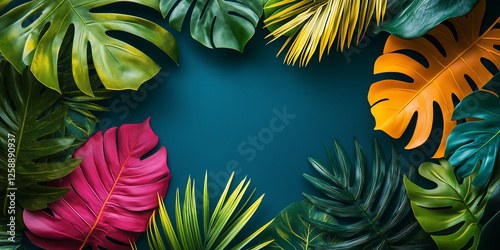 Creative fluorescent color layout made of tropical leaves. Flat lay neon colors. Nature concept. With copy space