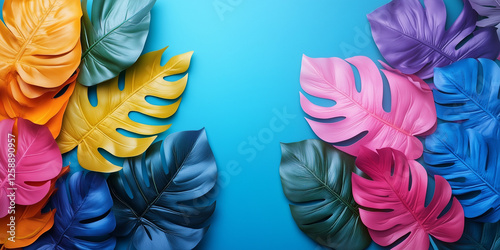 Creative fluorescent color layout made of tropical leaves. Flat lay neon colors. Nature concept. With copy space
