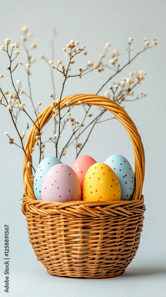 Fototapeta premium Colorful Easter eggs nestled in a woven basket with delicate blossoms on display