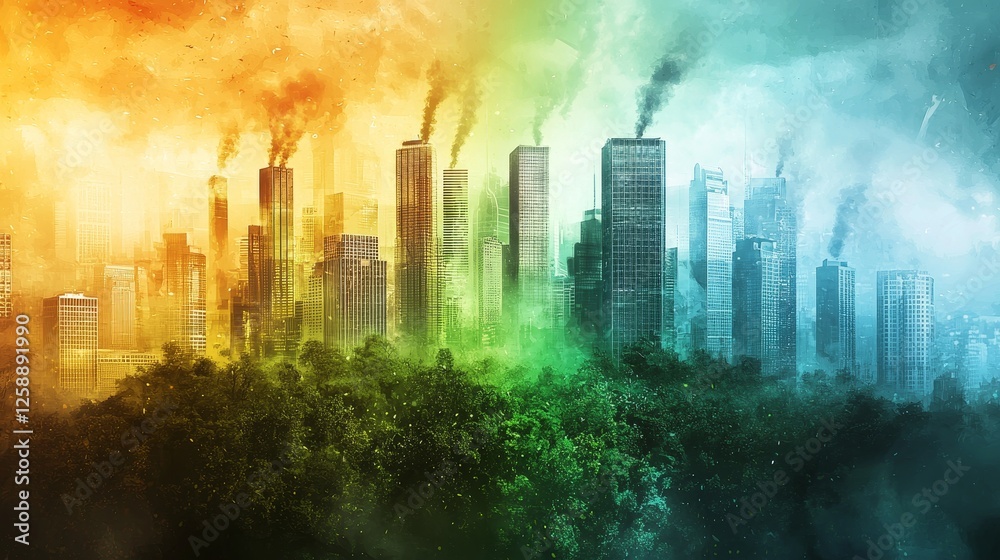 Fototapeta premium Environmental crisis urban pollution and green spaces cityscape digital art contrast aerial view ecological awareness