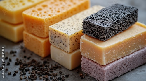 Variety of artisanal handmade soaps displayed on a wooden surface