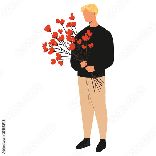 Man carrying red flowers illustration minimalist standing vector