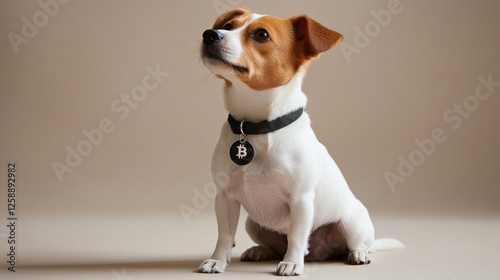 A small dog with a black collar and a Bitcoin tag sitting against a neutral background