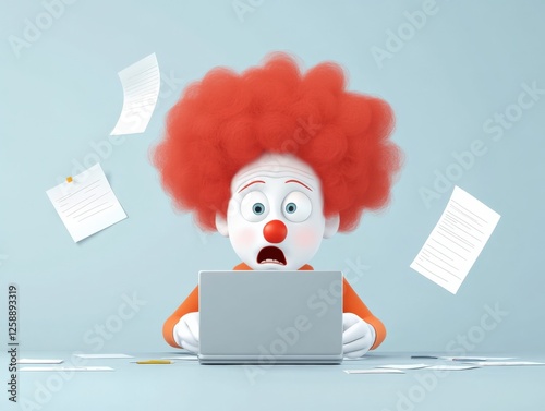 clown at laptop with flying papers photo