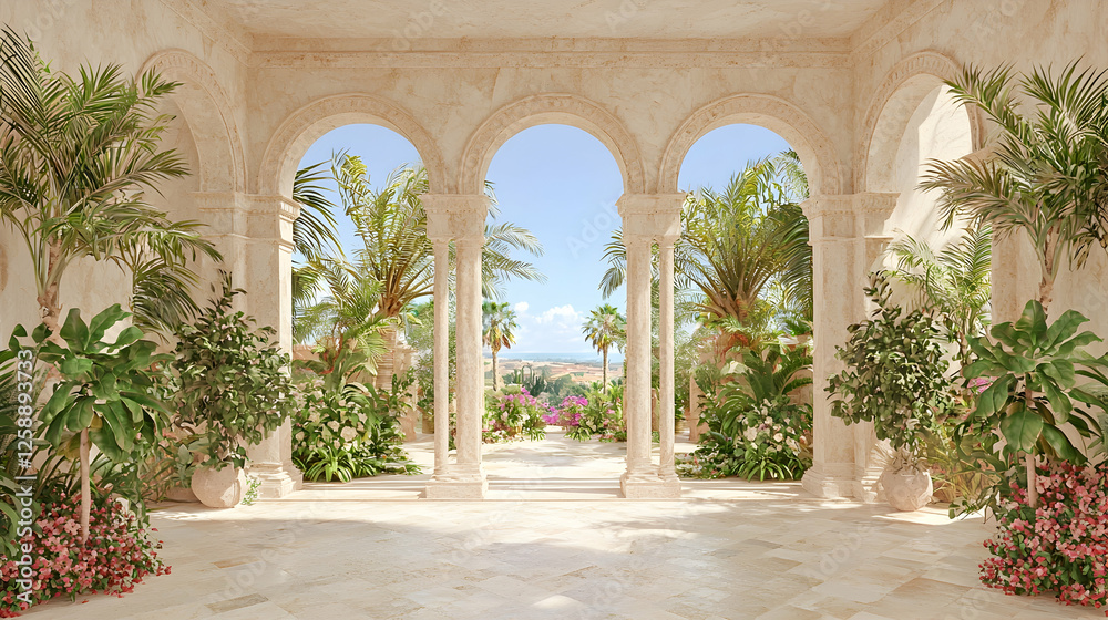 Fototapeta premium Tropical Oasis Archway view to palm trees and distant hills