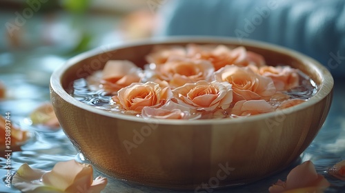 Relaxing bowl of peach roses floating in water with soft reflections