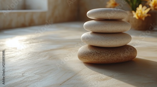 Natural stones are carefully stacked on a smooth surface, illuminated by soft...