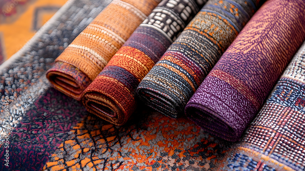 Vibrant scarves displayed on a patterned fabric, with ample room on the left for branding Vibrant scarves displayed on a patterned fabric, with ample room on the left for branding