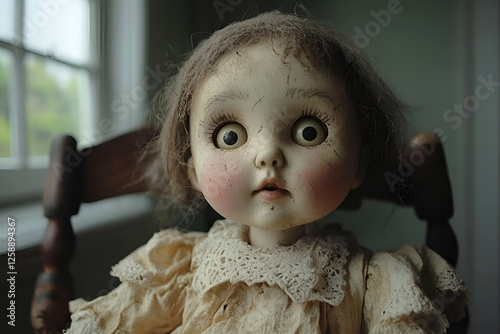 Vintage creepy doll seated in room, indoors, possible use for horror or antique theme photo