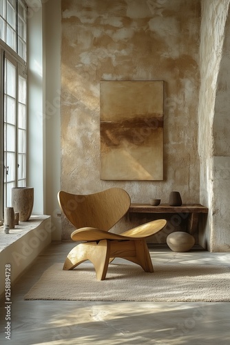 Natural light illuminates a minimalist interior living space with wooden furn...