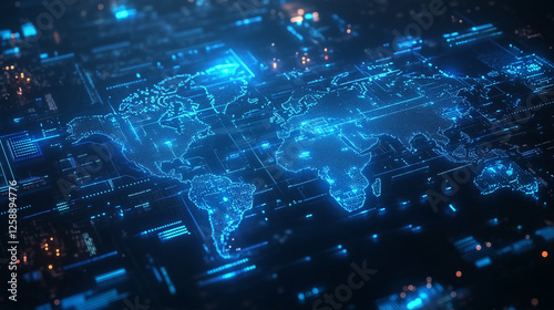 Futuristic digital world map, glowing blue lines connecting continents, cyber network aesthetic, high-tech data flow, minimalistic design, dark background, neon blue highlights