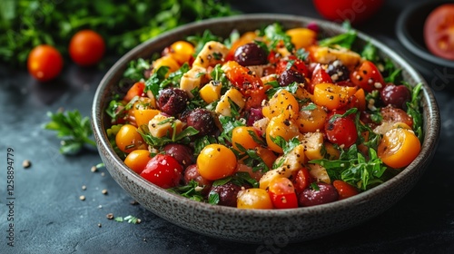 Fresh salad with colorful cherry tomatoes and greens on a rustic table
