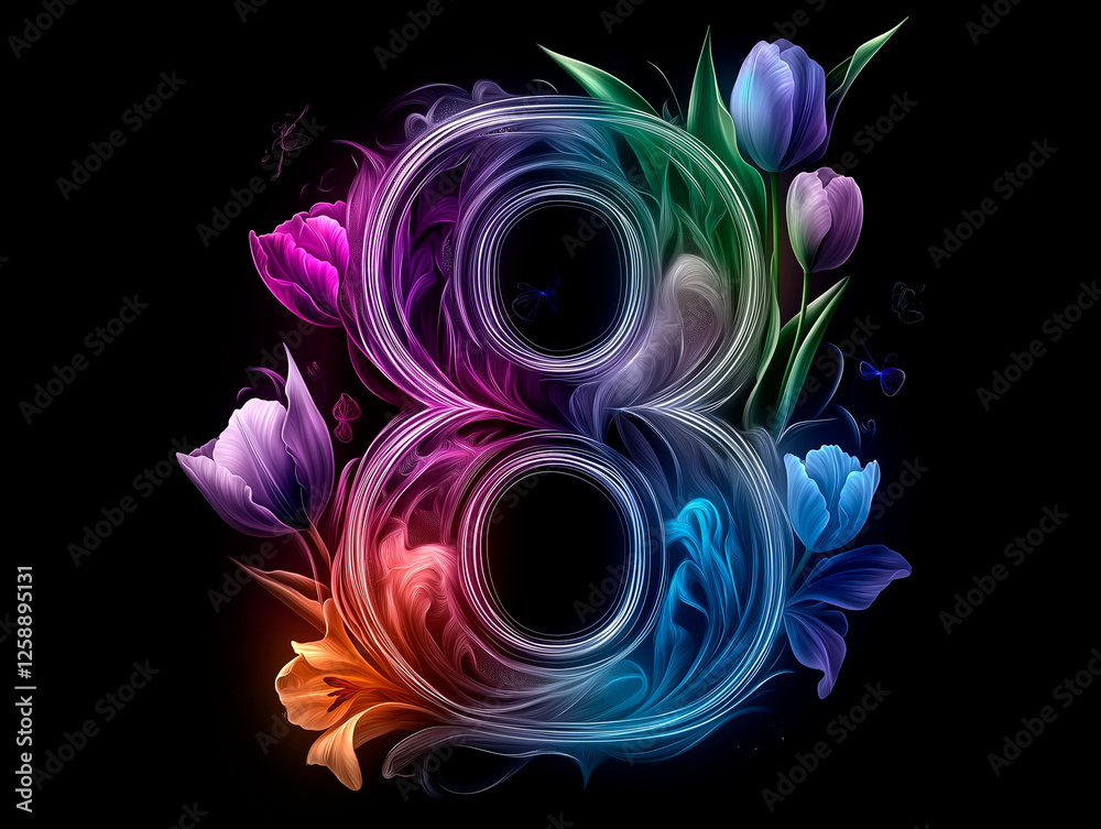 A festive greeting card for March 8th, featuring the number 8 decorated with spring flowers, symbolizing the beauty and strength of women. A festive greeting card for March 8th, featuring the number 8 decorated with spring flowers, symbolizing the beauty and strength of women.