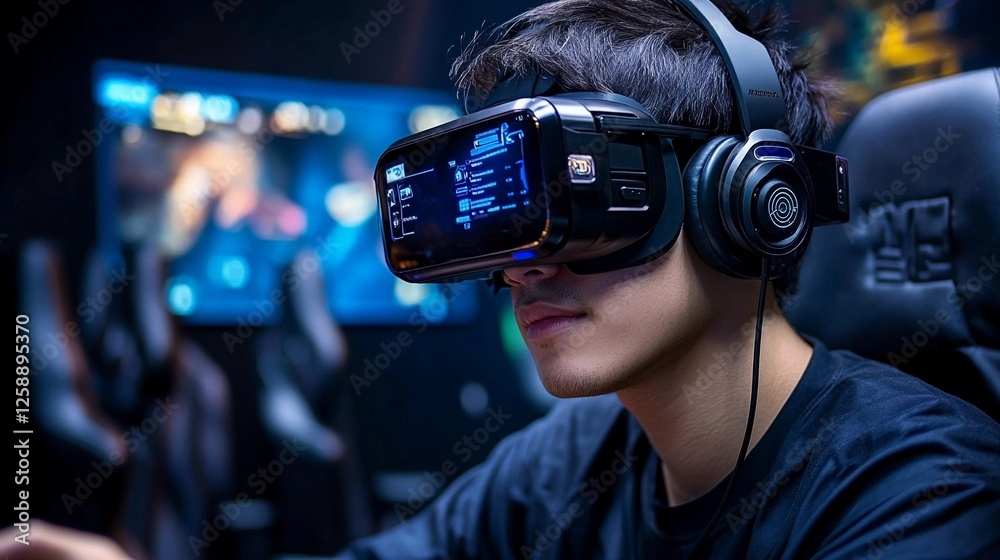 Immersive virtual reality gaming experience in a high-tech environment with focused player Immersive virtual reality gaming experience in a high-tech environment with focused player