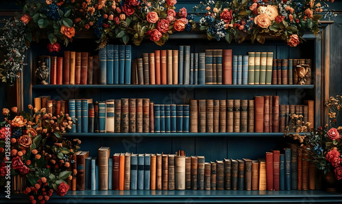 Vintage Bookshelf Decorated with Floral Garland photo