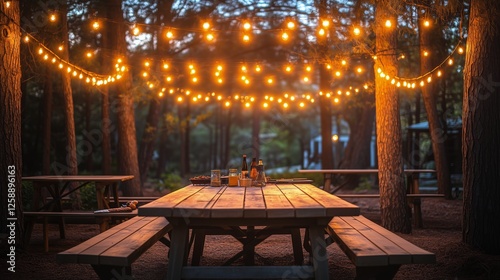Outdoor gathering with warm lights strung above a picnic table in a wooded se...