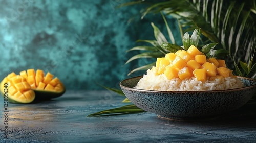 Delicious bowl of sticky rice topped with fresh mango served on a colorful table