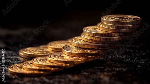 Stack of shiny gold coins arranged on a dark surface in a dimly lit setting d...