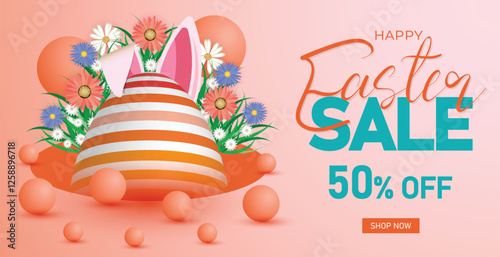 festive easter sale banner with bunny ears, floral elements, and decorated eggs, 50 percent off shopping promotion