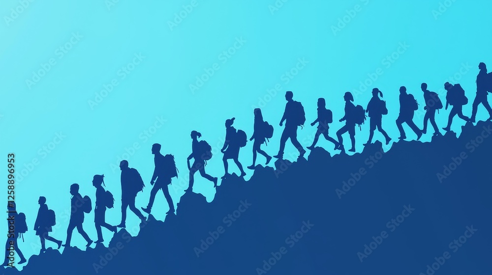 Group of hikers climbing mountain trail outdoor adventure dynamic landscape inspirational journey medium viewpoint Group of hikers climbing mountain trail outdoor adventure dynamic landscape inspirational journey medium viewpoint