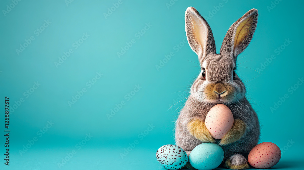 Obraz premium Playful bunny surrounded by colorful Easter eggs in a cozy woven basket on a vibrant turquoise backdrop