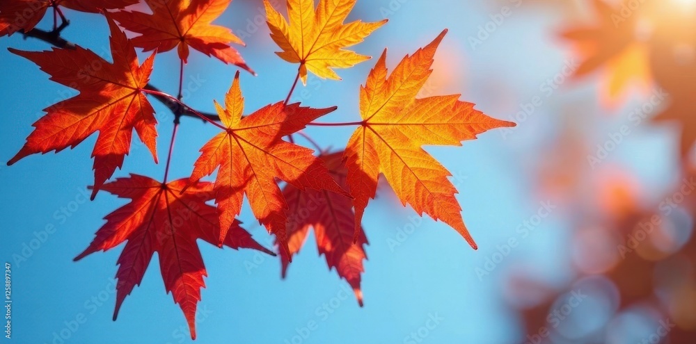 Crimson, gold, and orange maple leaves cluster on a branch against a clear blue sky , illustration, leaves, tree Crimson, gold, and orange maple leaves cluster on a branch against a clear blue sky , illustration, leaves, tree