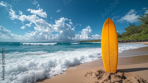 Bright yellow surfboard stands on sandy beach with waves crashing under clear...