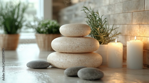 Zen decor featuring stacked stones and candles in a tranquil indoor setting w...