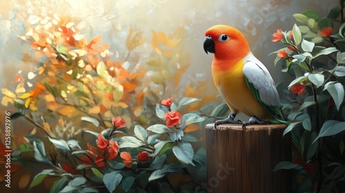 Vibrant bird perched on a wooden stump amidst colorful foliage in a tranquil ...