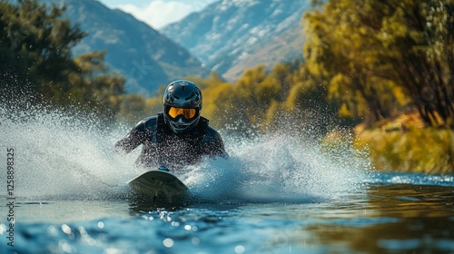 Waterskier performs tricks on a river surrounded by mountains and trees durin...