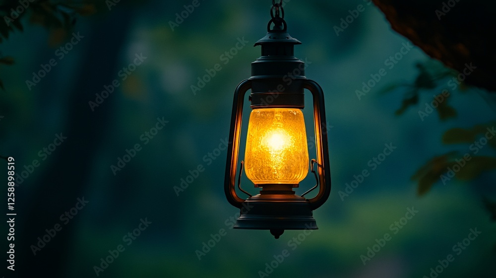 Glowing lantern hanging outdoors at night, dark forest background, moody atmosphere, stock photo