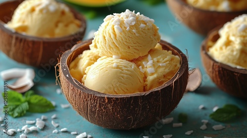 Delicious coconut ice cream served in coconut bowls with shredded coconut top...