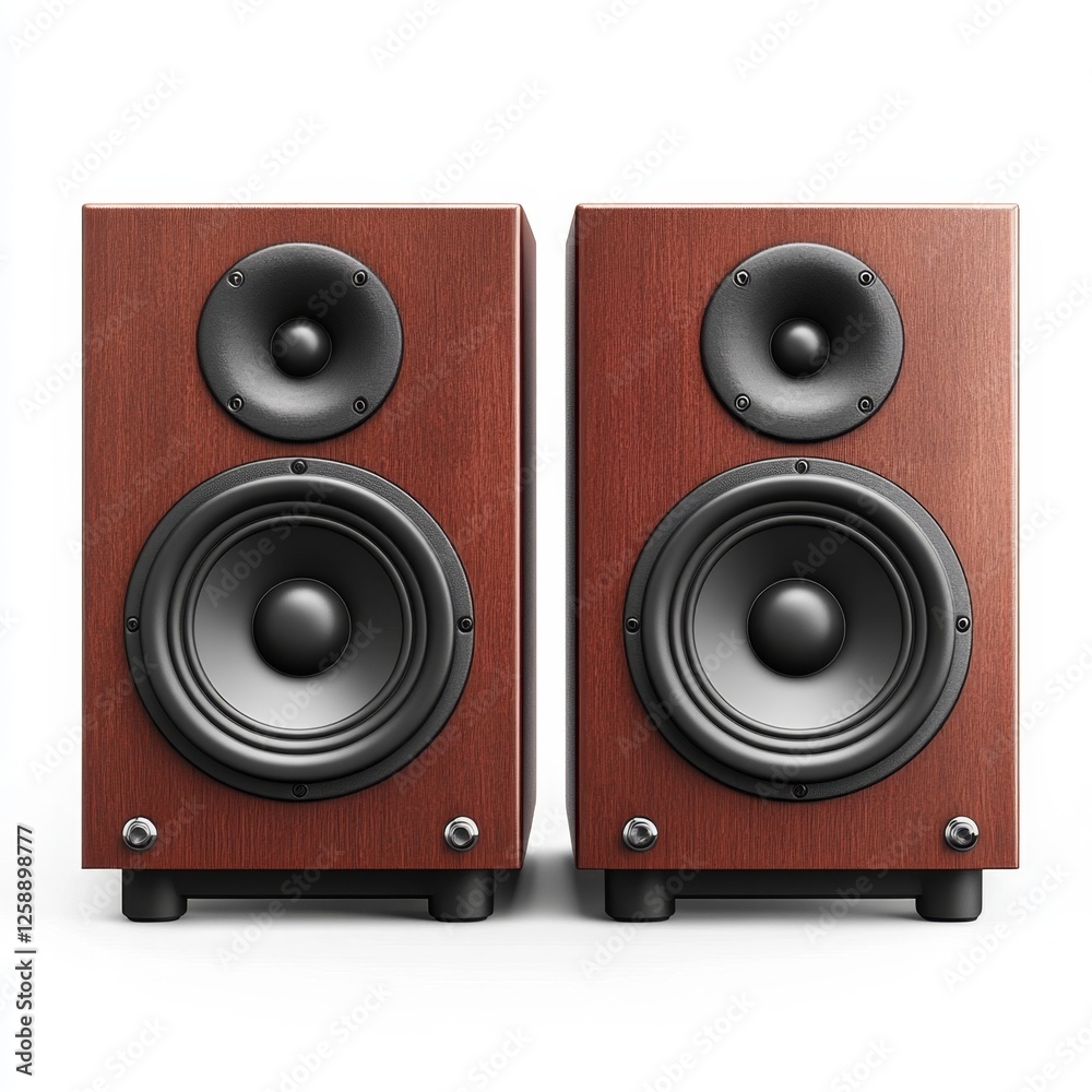 Wooden desktop speakers, studio, white background, sound system Wooden desktop speakers, studio, white background, sound system