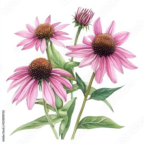 Watercolor Illustration Of Three Light Purple Coneflowers