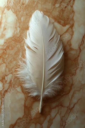 White feather resting on a marbled surface with intricate patterns and textures