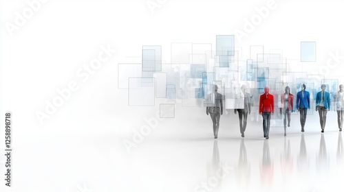 A group of people are walking in a line, with some wearing red