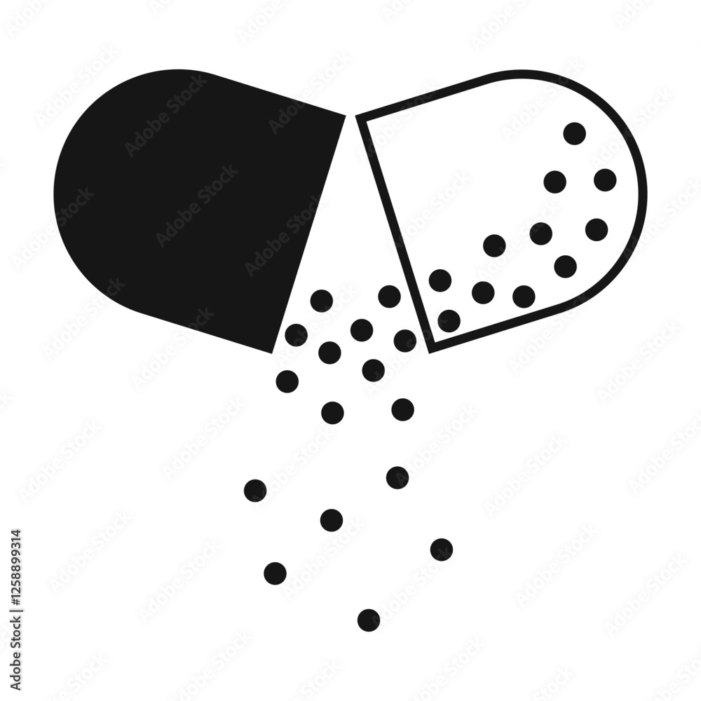 Silhouette, pill capsule icon open, medicine pouring out. One half black, the other half outline. Vector, transparent background