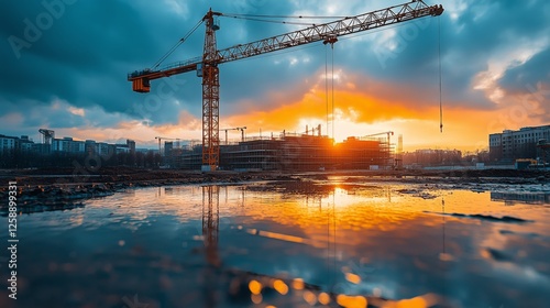 Construction site at sunset with cranes silhouetted against colorful clouds