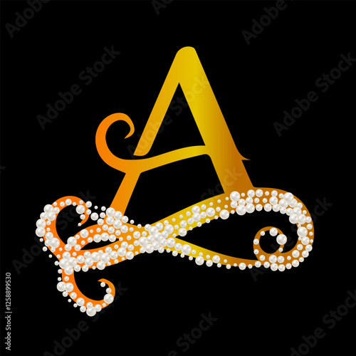 Wallpaper Mural Capital Letters gold A of English alphabet romantic with pearls. Precious decorated white pearls with bright stars Torontodigital.ca