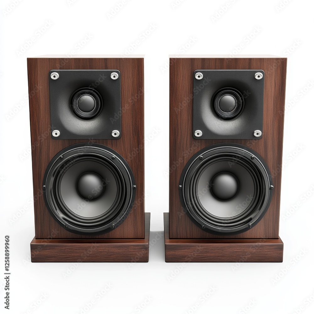 Wooden stereo speakers on white background, studio shot, product display Wooden stereo speakers on white background, studio shot, product display