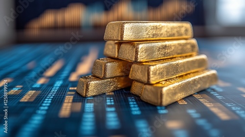Gold bars stacked on digital trading platform showcasing market trends and va...