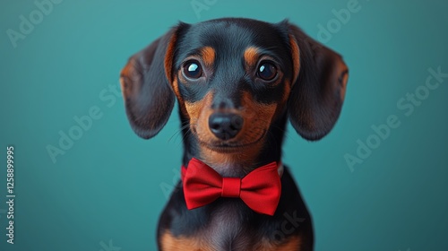 Cute dachshund dog with red bow tie posing against a teal background in a pla...