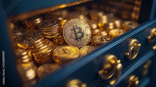 Bitcoin coins stacked in a safe, showcasing cryptocurrency wealth and investm...