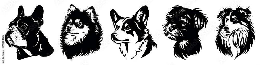 Fototapeta premium Stylized dog breed silhouettes collection, isolated vector set