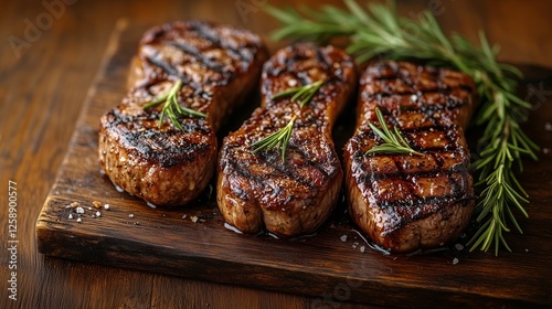Grilled steak perfectly seasoned with herbs on a wooden cutting board in the ...