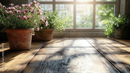 Sunlight illuminates potted flowers on a wooden table near a window in a peac...