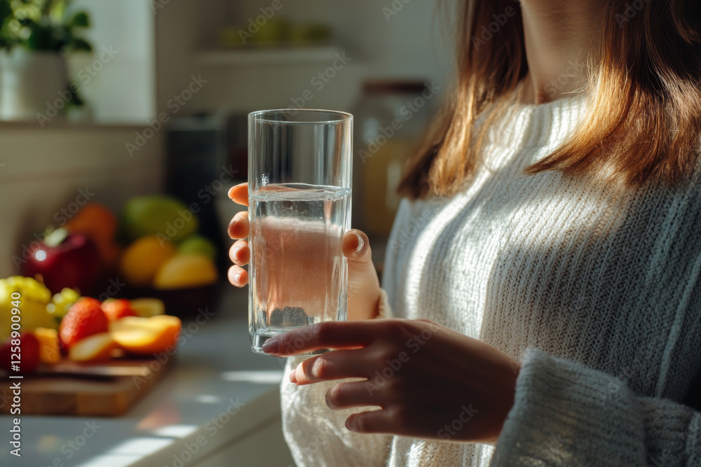 Woman holding glass of fresh water in cozy kitchen. Healthy lifestyle, hydration, wellness and self-care concept. Clean water for detox, balance and well-being. Morning routine for health