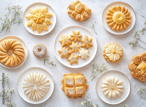 Wallpaper Mural Top view of three plates with traditional Middle Eastern sweets. concept for Ramadan celebration. various delicious confectionery on a white background with copy space. Torontodigital.ca